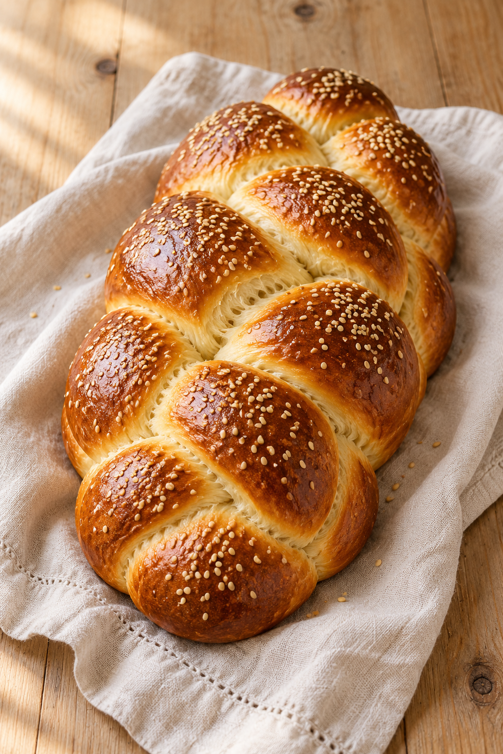 Golden braided challah loaf with sesame seeds on cream linen
